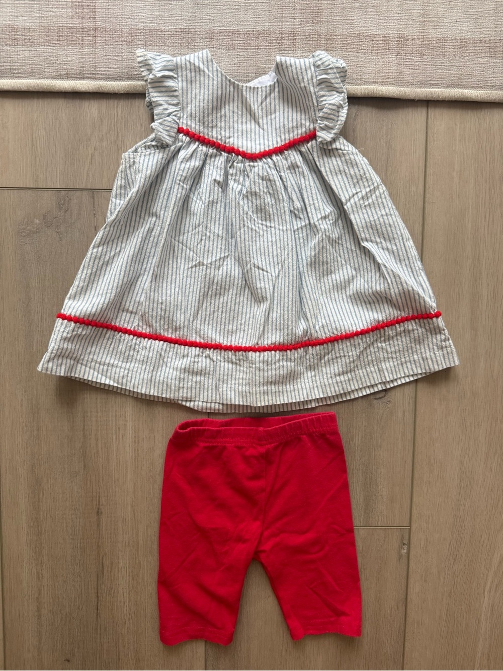 Pastourelle by Pippa & Julie Striped Ruffle Tunic with Red Trim and Red Leggings